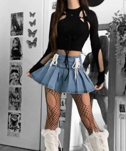 ALTERBABE Double Lace-Up Denim Pleated Skirt CLOTHING