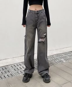 ALTERBABE Washed Straight Leg Distressed Jeans CLOTHING