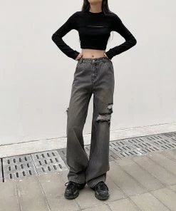 ALTERBABE Washed Straight Leg Distressed Jeans CLOTHING