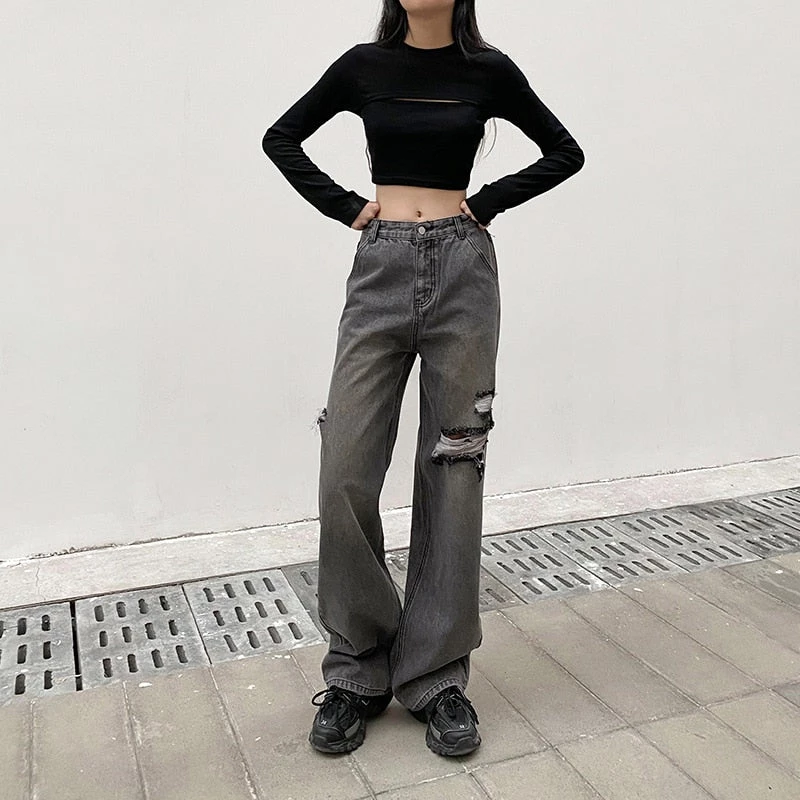 ALTERBABE Washed Straight Leg Distressed Jeans CLOTHING