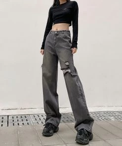 ALTERBABE Washed Straight Leg Distressed Jeans CLOTHING