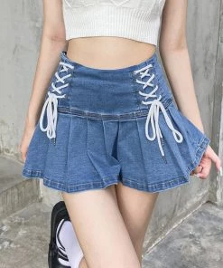 ALTERBABE Double Lace-Up Denim Pleated Skirt CLOTHING