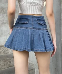 ALTERBABE Double Lace-Up Denim Pleated Skirt CLOTHING