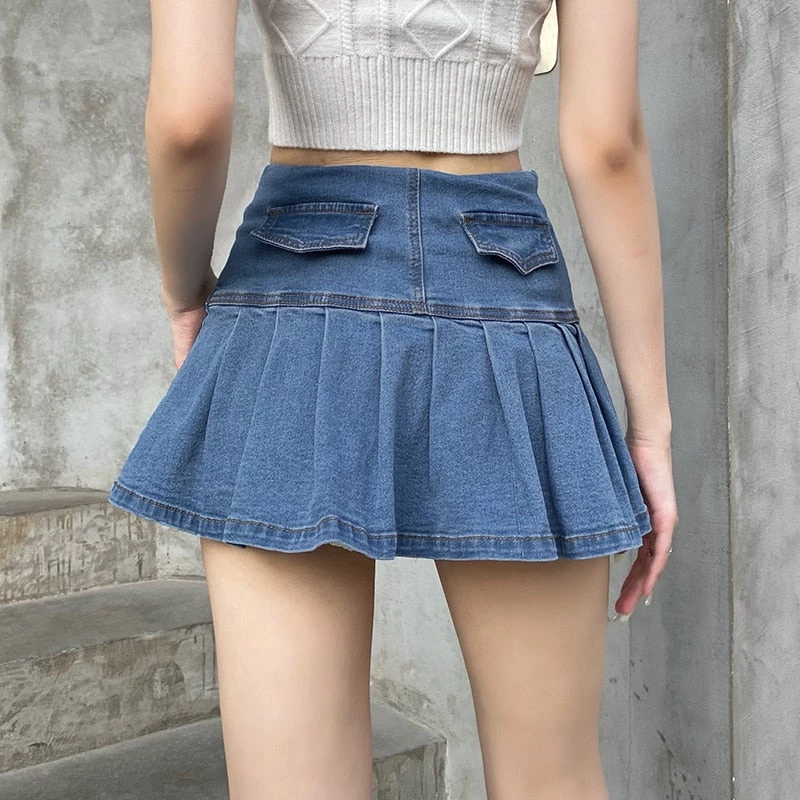 ALTERBABE Double Lace-Up Denim Pleated Skirt CLOTHING